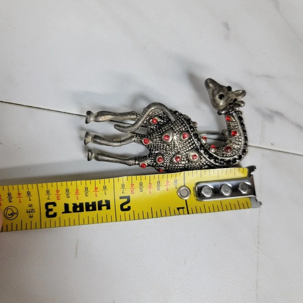 Vintage Giraffe Brooch Pin Figural Silver-Tone Stretch Twist 3D Red Enamel Spots